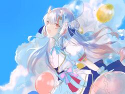 Rule 34 | :d, balloon, blue skirt, blue sky, blush, bow, cloud, commentary request, cropped jacket, day, fangs, grey hair, hair bun, highres, hololive, horns, jacket, long hair, lunacats, multicolored hair, nakiri ayame, oni, open clothes, open jacket, open mouth, outdoors, pink eyes, pleated skirt, puffy short sleeves, puffy sleeves, red hair, shirt, short sleeves, single side bun, skirt, sky, smile, solo, streaked hair, very long hair, virtual youtuber, white bow, white jacket, white shirt, wrist cuffs