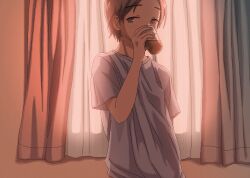 Rule 34 | 1girl, androgynous, backlighting, brown eyes, brown hair, cup, curtains, drinking, hand up, highres, holding, holding cup, indoors, looking to the side, loose clothes, loose shirt, morning, narume, no sclera, original, pixel art, shirt, short hair, solo, t-shirt, upper body, white shirt