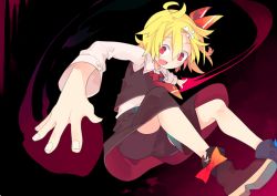 Rule 34 | 1girl, akimaki yuu, bike shorts, bike shorts under skirt, blonde hair, blush, boots, fang, gradient background, hair ribbon, highres, long sleeves, necktie, open mouth, outstretched arm, red eyes, ribbon, rumia, shirt, short hair, shorts, shorts under skirt, skirt, skirt set, smile, solo, touhou, upskirt, vest