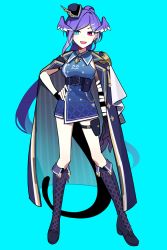 Rule 34 | 1girl, belt, belt pouch, blue background, blue dress, blue eyes, boots, breasts, buttons, coat, coat on shoulders, collared dress, contrapposto, cross-laced footwear, double-breasted, dragon girl, dragon tail, dress, fangs, full body, hand on own hip, hat, head wings, heterochromia, highres, knee boots, long hair, looking to the side, medium breasts, mini hat, nijisanji, nijisanji en, official alternate costume, open mouth, parted bangs, ponytail, pouch, purple eyes, purple hair, selen tatsuki, selen tatsuki (2nd costume), short dress, sideboob, simple background, sleeveless, sleeveless dress, slit pupils, smile, solo, straight-on, tail, thigh pouch, very long hair, virtual youtuber, waka (wk4444), wings