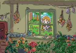 Rule 34 | 1girl, 1nupool, :d, basket, blunt bangs, blush stickers, bouquet, bug, bush, butterfly, cabinet, cloud, day, drawer, envelope, facing viewer, fern, flower, flower basket, flower pot, frilled hairband, frills, grass, green eyes, hairband, hands up, highres, holding, holding basket, holding flower, house, indoors, insect, letter, light brown hair, loaded interior, long hair, looking down, maid headdress, no nose, no pupils, open mouth, orange flower, original, outdoors, parted lips, pink flower, plant, potted plant, room, roomscape, scenery, shade, smile, solo, succulent plant, tareme, too many, too many flowers, transparent, tree, upper body, vase, very long hair, water, wavy hair, white hairband, window, windowsill, yellow butterfly
