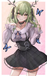Rule 34 | 1girl, absurdres, antlers, black choker, black skirt, blue butterfly, blush, bow, braid, branch, breasts, bug, butterfly, cardigan, ceres fauna, ceres fauna (jirai kei), choker, cleavage cutout, clothing cutout, flower, frilled skirt, frills, green hair, hair flower, hair ornament, hair ribbon, hand in own hair, heart, heart choker, highres, hololive, hololive english, horns, insect, jewelry, large breasts, long hair, long sleeves, medium breasts, mole, mole under eye, nail polish, official alternate costume, official alternate hairstyle, open cardigan, open clothes, pink background, pink nails, purple ribbon, ribbon, see-through, see-through skirt, shirt, skirt, smile, solo, suspenders, takida 185, twintails, virtual youtuber, white shirt, yellow eyes