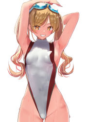 Rule 34 | alternate costume, armpits, arms behind head, arms up, azur lane, blonde hair, competition swimsuit, cowboy shot, goggles, goggles on head, highleg, highleg swimsuit, leonardo da vinci (azur lane), long hair, multicolored clothes, multicolored swimsuit, one-piece swimsuit, red eyes, schreibe shura, smile, swimsuit, twintails, wet, white background, white one-piece swimsuit