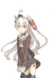 Rule 34 | 10s, 1girl, amatsukaze (kancolle), brown eyes, dress, dress tug, garter straps, haimura kiyotaka, kantai collection, long hair, looking at viewer, open mouth, sailor collar, simple background, solo, source request, thighhighs, twintails, two side up, weapon, white hair