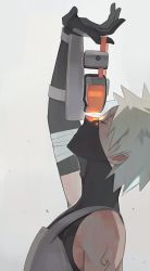 Rule 34 | 1boy, adam&#039;s apple, black gloves, closed eyes, face mask, feengzi, gloves, goggles, hatake kakashi, highres, looking up, mask, mouth mask, naruto (series), naruto shippuuden, short hair, silver hair, solo, spiked hair, vest, white background