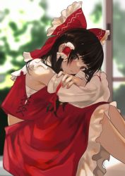Rule 34 | 1girl, black eyes, black hair, blurry, blurry background, blush, bow, detached sleeves, frilled bow, frills, hair bow, hair tubes, hakurei reimu, kerok (joniko1110), long hair, looking at viewer, parted lips, red bow, red skirt, ribbon-trimmed sleeves, ribbon trim, sidelocks, sitting, skirt, solo, sweat, touhou