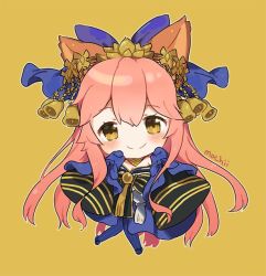 Rule 34 | 10s, 1girl, animal ears, bare shoulders, bell, blue footwear, blue kimono, blue ribbon, blue thighhighs, blush, breasts, chibi, cleavage, closed mouth, collar, commentary, fate/extra, fate (series), fox ears, hair bell, hair ornament, hair ribbon, hands in opposite sleeves, japanese clothes, kimono, long hair, long sleeves, looking at viewer, mochii, official alternate costume, pink hair, ribbon, shoes, signature, simple background, smile, solo, tamamo (fate), tamamo no mae (fate/extra), tamamo no mae (third ascension) (fate), thighhighs, very long hair, yellow background, yellow eyes