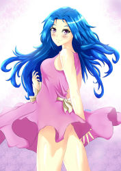Rule 34 | 1girl, ass, blue hair, blue theme, blush, bottomless, clothes lift, dress, dress lift, from behind, full body, highres, keikyu (tiltedcube), long hair, looking at viewer, looking back, no panties, original, pink dress, pink theme, simple background, skirt, skirt lift, smile, solo