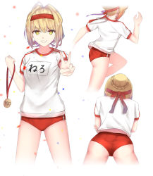 Rule 34 | 10s, 1girl, absurdres, ass, blonde hair, buruma, character name, copyright name, fate/extra, fate (series), grin, gym uniform, hair between eyes, headband, highres, holding, looking at viewer, mari (doraerin0), nero claudius (fate), nero claudius (fate) (all), nero claudius (fate/extra), nero claudius (olympian bloomers) (fate), official alternate costume, red buruma, red headband, running, shirt, short hair, short sleeves, smile, standing, v, white background, white shirt, yellow eyes