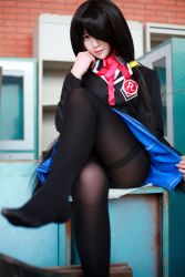 Rule 34 | 1girl, artist request, asian, black hair, black pantyhose, blazer, blue skirt, blurry, color contacts, cosplay, crossed legs, date a live, depth of field, feet, flashing, hair over one eye, jacket, long hair, looking at viewer, makeup, mascara, miniskirt, no shoes, pantyhose, photo (medium), pleated skirt, red eyes, school uniform, sitting, skirt, solo, thighband pantyhose, tokisaki kurumi, tokisaki kurumi (cosplay), twintails
