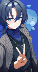 Rule 34 | 1girl, absurdres, androgynous, blue eyes, blue hair, blue nails, hair between eyes, heart, highres, hiodoshi ao, hololive, hololive dev is, jacket, jacket on shoulders, jewelry, light smile, looking at viewer, mole, mole under mouth, nail polish, nazca (yhan mie), necklace, pinstripe jacket, pinstripe pattern, reverse trap, ring, short hair, striped, sweater vest, tomboy, v, virtual youtuber