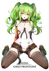 Rule 34 | 1girl, bare shoulders, breasts, character name, choker, copyright name, full body, girls&#039; frontline, green hair, hair between eyes, jewelry, long hair, looking at viewer, luse maonang, m950a (girls&#039; frontline), medium breasts, necklace, open clothes, open mouth, open shorts, short shorts, shorts, sitting, solo, thighhighs, torn clothes, twintails, yellow eyes