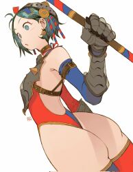 Rule 34 | 1girl, ahoge, andrewcockroach, armor, ass, bikini armor, blue eyes, blue hair, blush, breastplate, choker, collar, collarbone, detached collar, earrings, elbow gloves, gauntlets, gloves, helmet, highres, jewelry, leotard, metal collar, open mouth, original, red leotard, thighhighs, two-tone footwear, two-tone leotard, two-tone ribbon, two-tone thighhighs, white background