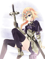 Rule 34 | 1girl, armor, armored dress, asari (23feline23), blonde hair, braid, capelet, dress, fate/apocrypha, fate (series), gauntlets, highres, jeanne d&#039;arc (fate), jeanne d&#039;arc (ruler) (fate), long hair, planted, planted sword, planted weapon, purple eyes, single braid, solo, sword, thighhighs, weapon