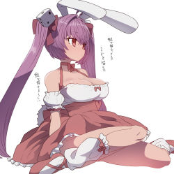 Rule 34 | 1girl, animal ears, bare shoulders, blush, breasts, rabbit ears, choker, cleavage, closed mouth, di gi charat, dice hair ornament, dress, full body, hair ornament, halterneck, large breasts, long hair, off shoulder, pink hair, red dress, red eyes, simple background, sitting, solo, sumiyao (amam), twintails, usada hikaru, very long hair, white background