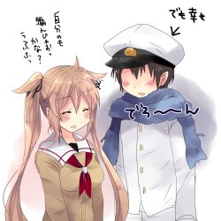 Rule 34 | 1boy, 1girl, admiral (kancolle), blonde hair, blue scarf, blush, brown hair, cardigan, closed eyes, commentary request, faceless, faceless male, hair between eyes, hair flaps, hair ribbon, hat, highres, hirune (konekonelkk), kantai collection, long hair, military, military uniform, murasame (kancolle), neckerchief, open mouth, peaked cap, red neckerchief, ribbon, sailor collar, scarf, short hair, simple background, translation request, twintails, uniform, very long hair, white background, yellow cardigan
