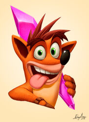 Rule 34 | 1boy, absurdres, brown gloves, crash bandicoot, crash bandicoot (series), crystal, dated, fingerless gloves, furry, gloves, green eyes, highres, holding crystal, male focus, open mouth, portrait, signature, simple background, solo, sommum, teeth, tongue, tongue out, upper teeth only, watermark