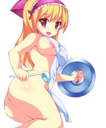 Rule 34 | 1girl, apron, areola slip, ass, blonde hair, blush, breasts, highres, karaage teishoku (regret1994), ladle, large breasts, lid, long hair, looking at viewer, naked apron, nipples, open mouth, original, red eyes, smile, solo, transparent background, white background