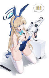 Rule 34 | 1girl, absurdres, animal ears, blonde hair, blue archive, blue bow, blue bowtie, blue eyes, blue leotard, bow, bowtie, breasts, closed mouth, commentary request, covered navel, detached collar, earphones, fake animal ears, gun, highres, holding, holding gun, holding weapon, leotard, long hair, medium breasts, official alternate costume, rabbit ears, simple background, solo, strapless, strapless leotard, sun gzf, thighhighs, toki (blue archive), toki (bunny) (blue archive), weapon, white background, white thighhighs, wrist cuffs