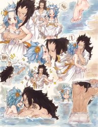 Rule 34 | &gt; &lt;, 1boy, 1girl, ^^^, arm tattoo, bare back, barefoot, blush, carrying, clothes lift, dress, dress lift, eyebrow piercing, closed eyes, fairy tail, feet, forehead, forehead-to-forehead, gajeel redfox, heads together, hetero, highres, hug, hug from behind, imminent kiss, kiss, levy mcgarden, multiple views, piercing, princess, rusky, strap slip, studs, submerged, sundress, tattoo, toes, undressing, wading, water, wet, wet clothes