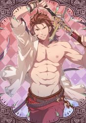 Rule 34 | 1boy, abs, argyle, argyle background, argyle clothes, belt, drawing sword, granblue fantasy, groin, highres, holding, holding sword, holding weapon, looking at viewer, male focus, male swimwear, mazjojo, nipples, off shoulder, open mouth, parted lips, percival (granblue fantasy), percival (summer) (granblue fantasy), red background, red eyes, red hair, red male swimwear, red swim trunks, smile, solo, swim trunks, swimsuit, sword, toned, toned male, weapon