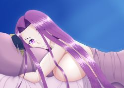 Rule 34 | 1girl, absurdres, bed, bed sheet, breast press, breasts, fate/grand order, fate (series), female focus, gorgon (fate), highres, huge breasts, long hair, looking at viewer, lunar avenger, lying, matching hair/eyes, medusa (fate), medusa (rider) (fate), monster girl, night, hugging object, on bed, pillow, pillow hug, purple eyes, purple hair, rider, scales, smile, solo, under covers