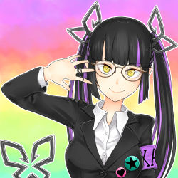 Rule 34 | 1girl, nanashi inc., alternate costume, bespectacled, black-framed eyewear, black hair, black jacket, blunt bangs, breasts, brown-framed eyewear, closed mouth, collared shirt, commentary request, demon girl, demon horns, demon tail, engacyo (engacyo39800yen), glasses, gradient background, highres, horns, jacket, jewelry, kojo anna, long hair, long sleeves, looking at viewer, medium breasts, multicolored hair, pointy ears, purple hair, rainbow background, rainbow gradient, rectangular eyewear, ring, shirt, smile, solo, sugar lyric, tail, twintails, two-tone hair, upper body, virtual youtuber, white shirt, yellow eyes