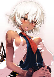 Rule 34 | 10s, 1girl, ahegao, bdsm, black rock shooter, grabbing another&#039;s breast, breasts, breasts out, cuffs, dark-skinned female, dark skin, dress, grabbing, highres, m-da s-tarou, necktie, nipples, petite, red eyes, restrained, saliva, shackles, short hair, sleeveless, sleeveless dress, small breasts, solo focus, strength (black rock shooter), tears, tongue, tongue out, torogao, white hair
