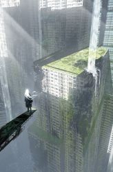 Rule 34 | 1other, abandoned, absurdres, ambiguous gender, asteroid ill, black coat, black pants, building, coat, day, highres, long hair, original, outdoors, overgrown, pants, ruins, scenery, skyscraper, solo, water, waterfall, white hair