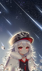Rule 34 | 1girl, absurdres, azur lane, backlighting, black hat, black shirt, blush, cape, closed mouth, collarbone, commentary request, crossed bangs, fur-trimmed cape, fur trim, hair between eyes, hat, highres, long hair, looking at viewer, meng mian, meteor shower, military hat, multicolored cape, multicolored clothes, night, night sky, peaked cap, red eyes, shirt, sidelocks, silver hair, sky, solo, standing, star (sky), starry sky, upper body, very long hair, water drop, white cape, zeppy (azur lane)