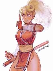 Rule 34 | 1girl, 2021, artist name, blonde hair, breasts, capcom, capcom vs snk 2, cleavage, closed mouth, final fight, final fight 2, genryuusai maki, gloves, glowing, glowing eyes, highres, holding, holding weapon, image sample, long hair, looking at viewer, ninja, ponytail, quasimodox, red eyes, serious, simple background, solo, street fighter, street fighter zero (series), tomboy, twitter sample, weapon, white background