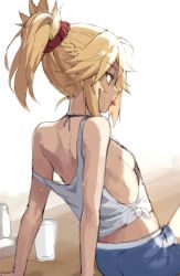 Rule 34 | 1girl, ass, back, bare shoulders, blue shorts, braid, breasts, closed mouth, cup, fate/apocrypha, fate (series), french braid, green eyes, hair ornament, hair scrunchie, highres, long hair, mordred (fate), mordred (fate/apocrypha), parted bangs, ponytail, red scrunchie, scrunchie, shirt, shorts, sideboob, sidelocks, simple background, sitting, small breasts, tank top, tied shirt, tonee, white background, white shirt