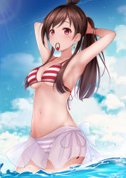 Rule 34 | 1girl, armpits, arms behind head, arms up, bare arms, bare shoulders, bikini, breasts, brown hair, cleavage, cloud, collarbone, commentary request, day, earrings, hair tie, hair tie in mouth, highres, idolmaster, idolmaster cinderella girls, jewelry, long hair, looking at viewer, medium breasts, monaka curl, mouth hold, navel, outdoors, ponytail, red bikini, red eyes, sarong, see-through, side-tie bikini bottom, sky, solo, stomach, striped bikini, striped clothes, sunlight, swimsuit, tsujino akari, wading, water