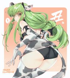 Rule 34 | !, 1girl, animal ears, animal print, ass, bandeau, black ribbon, blush, breasts, c.c., cameltoe, code geass, cow ears, cow horns, cow print, cow tail, creayus, eating, elbow gloves, fake animal ears, fake horns, fake tail, food, food in mouth, from side, gloves, green hair, hair ribbon, horns, long hair, medium breasts, pizza, ribbon, short shorts, shorts, sidelocks, solo, spoken exclamation mark, tail, thighhighs, translation request, yellow eyes