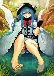 Rule 34 | 1girl, bad id, bad pixiv id, barefoot, blue hair, blush, cape, chewing, feet, food, fruit, hat, hinanawi tenshi, hoshitetsu ringo, licking lips, long hair, partially submerged, peach, red eyes, ribbon, sitting, smile, soaking feet, solo, toes, tongue, tongue out, touhou, water