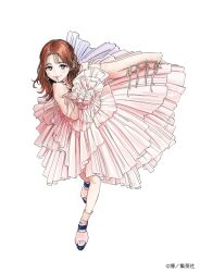 Rule 34 | 1girl, anniversary, birthday, brown eyes, brown hair, commentary request, dress, earrings, finger to mouth, full body, half updo, highres, hiro (dismaless), jewelry, kitou akari, long hair, looking at viewer, pink dress, real life, smile, solo, voice actor, wavy hair, white background