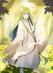Rule 34 | 1other, androgynous, bad id, bad pixiv id, barefoot, blurry, blurry foreground, chihuri, closed mouth, commentary request, dappled sunlight, day, depth of field, enkidu (fate), fate/strange fake, fate (series), field, flower, flower field, forest, green eyes, green hair, hair between eyes, hand up, highres, long hair, long sleeves, looking at viewer, nature, outdoors, robe, smile, solo, standing, sunlight, very long hair, white robe, wide sleeves, yellow flower