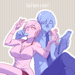 Rule 34 | 1boy, 1girl, breasts, caffein, casual, cellphone, cocktail, contemporary, english text, food, kaito (vocaloid), large breasts, meiko (vocaloid), monochrome, necktie, newspaper, phone, popsicle, shared food, short hair, smartphone, vocaloid