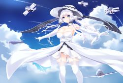 Rule 34 | absurdres, azur lane, breasts, cleavage, commentary request, day, garter straps, hat, highres, illustrious (azur lane), mole, mole under eye, outdoors, panties, pantyshot, solo, standing, surota, tagme, thighhighs, underwear, white hat