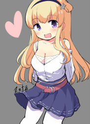 Rule 34 | 1girl, alternate costume, arms behind back, artist name, belt, blonde hair, blouse, blue skirt, breasts, cleavage, commentary request, contrapposto, double bun, fletcher (kancolle), fletcher mk ii (kancolle), grey background, hair bun, hair ornament, hairband, heart, kantai collection, large breasts, long hair, off shoulder, one-hour drawing challenge, pantyhose, purple eyes, shirt, simple background, skirt, smile, solo, standing, star (symbol), star hair ornament, white pantyhose, white shirt, zetz