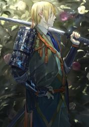 Rule 34 | 1boy, absurdres, armor, blonde hair, blouse, blue eyes, blue necktie, closed mouth, collared shirt, cowboy shot, from side, grey jacket, grey pants, hand on own hip, hataya, highres, holding, holding sword, holding weapon, jacket, japanese armor, katana, making-of available, male focus, necktie, pants, profile, shirt, shoulder armor, sode, solo, standing, sword, touken ranbu, weapon, white shirt, wing collar, yamanbagiri kunihiro