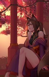 Rule 34 | 1girl, animal ears, autumn, backlighting, bare shoulders, brown eyes, brown hair, commission, fox ears, fox tail, from side, gold trim, hair between eyes, head rest, highres, japanese clothes, kiyone, kiyone (psychofox), less, light smile, long hair, original, outdoors, pillar, ponytail, rope, shimenawa, side slit, sitting, solo, stairs, tail