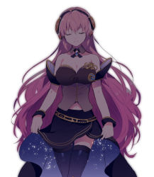 Rule 34 | 1girl, bare arms, bare shoulders, black choker, bracelet, breasts, choker, clothes lift, cowboy shot, detached sleeves, closed eyes, floating hair, happy, headphones, jewelry, light smile, long hair, long skirt, megurine luka, megurine luka (vocaloid4), navel, pink hair, simple background, sinaooo, skirt, skirt lift, sky, sleeveless, smile, solo, solo focus, standing, star (sky), starry sky, starry sky print, thighhighs, upper body, very long hair, vocaloid, white background