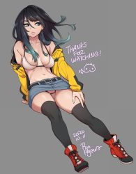Rule 34 | 1girl, 2020, agawa ryou, aqua hair, artist name, belt, black hair, black thighhighs, blue eyes, boots, breasts, commentary, dated, denim, denim skirt, english text, gradient hair, grey background, jacket, long hair, looking to the side, medium breasts, midriff, multicolored hair, navel, original, signature, simple background, skirt, solo, thighhighs