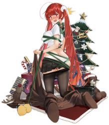 Rule 34 | 1girl, absurdly long hair, alternate costume, ass, azur lane, bell, black pantyhose, black skirt, blush, bow, butt crack, candy, candy cane, christmas, christmas tree, clothes pull, food, full-face blush, full body, green bow, green ribbon, honolulu (azur lane), honolulu (manjuu mischief) (azur lane), kneeling, long hair, looking at viewer, merry christmas, miniskirt, mole, mole under eye, official art, open mouth, panties, pantyhose, pantyhose pull, red eyes, red hair, ribbon, skindentation, skirt, snowflakes, solo, stuffed animal, stuffed toy, teddy bear, translation request, transparent background, twintails, underwear, very long hair, white panties, yunsang