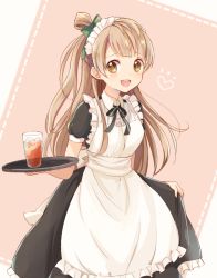 Rule 34 | 10s, 1girl, :d, apron, bad id, bad pixiv id, black dress, black ribbon, bow, breasts, brown eyes, brown hair, collar, cup, dress, drinking glass, hair bow, ice, ice cube, long hair, long skirt, looking at viewer, love live!, love live! school idol festival, love live! school idol project, maid, maid apron, maid headdress, mei (maysroom), minami kotori, open mouth, puffy short sleeves, puffy sleeves, ribbon, short sleeves, side ponytail, skirt, smile, solo, standing, tray, very long hair