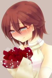 Rule 34 | 1boy, bad id, bad pixiv id, bare shoulders, blush, bouquet, closed mouth, crossdressing, crying, crying with eyes open, elbow gloves, flower, gloves, halterneck, inazuma eleven, inazuma eleven (series), kiyama hiroto, male focus, red flower, red hair, red rose, rose, sakurapain6918, short hair, simple background, smile, solo, tears, tsurime, upper body