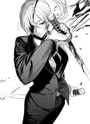Rule 34 | 1girl, black jacket, black necktie, black pants, black suit, blood, blood splatter, chainsaw man, collared shirt, eyepatch, formal, hair between eyes, highres, holding, holding sword, holding weapon, jacket, katana, looking to the side, monochrome, necktie, pants, ponytail, quanxi (chainsaw man), shirt, simple background, solo, suit, sword, weapon, white background, white hair, white shirt, yode