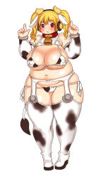 Rule 34 | 1girl, animal costume, animal ears, animal print, bell, bikini, blonde hair, blush, breasts, cleavage, collar, cow costume, cow ears, cow horns, cow print, cow tail, cowbell, detached sleeves, fat, garter belt, garter straps, headphones, highres, horns, huge breasts, kjmvideo, looking at viewer, navel, neck bell, nitroplus, open mouth, plump, red eyes, short hair, solo, super pochaco, swimsuit, tail, thighhighs, twintails