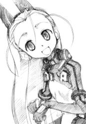 Rule 34 | 00s, 1girl, :d, elise von dietrich, fake animal ears, forehead, from side, gofu, greyscale, hair between eyes, hairband, long hair, looking at viewer, monochrome, motionslit, open mouth, pilot suit, sketch, sky girls, smile, solo, traditional media, very long hair